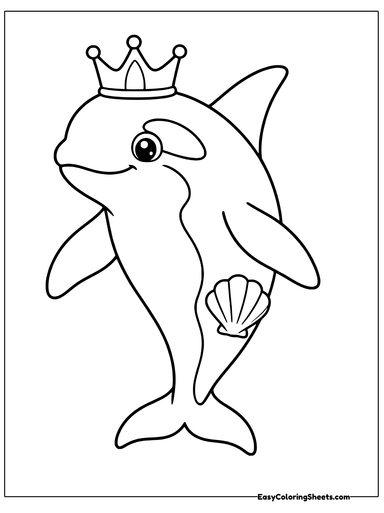 A royal orca wears a small pointed crown and holds a scalloped seashell in its flipper.