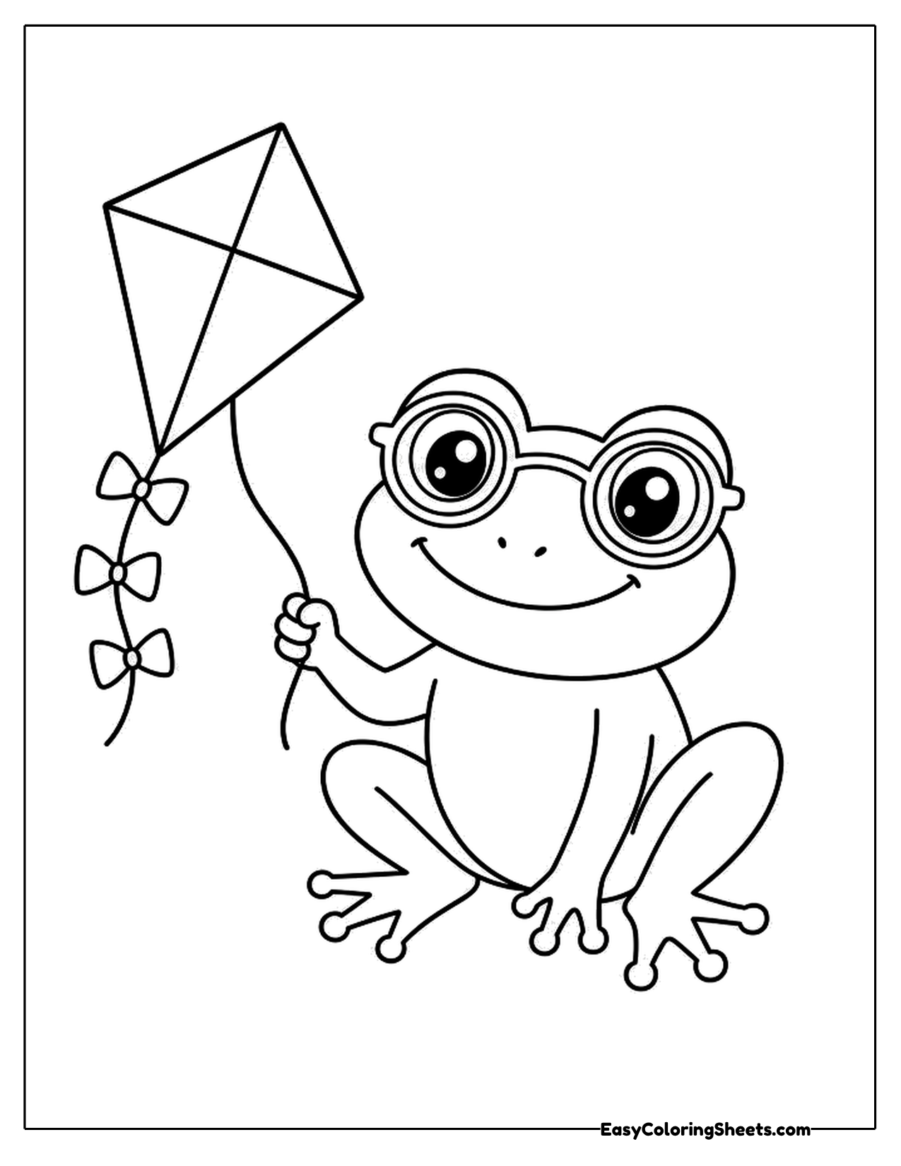 Frog in glasses flying a diamond kite with a bow tail