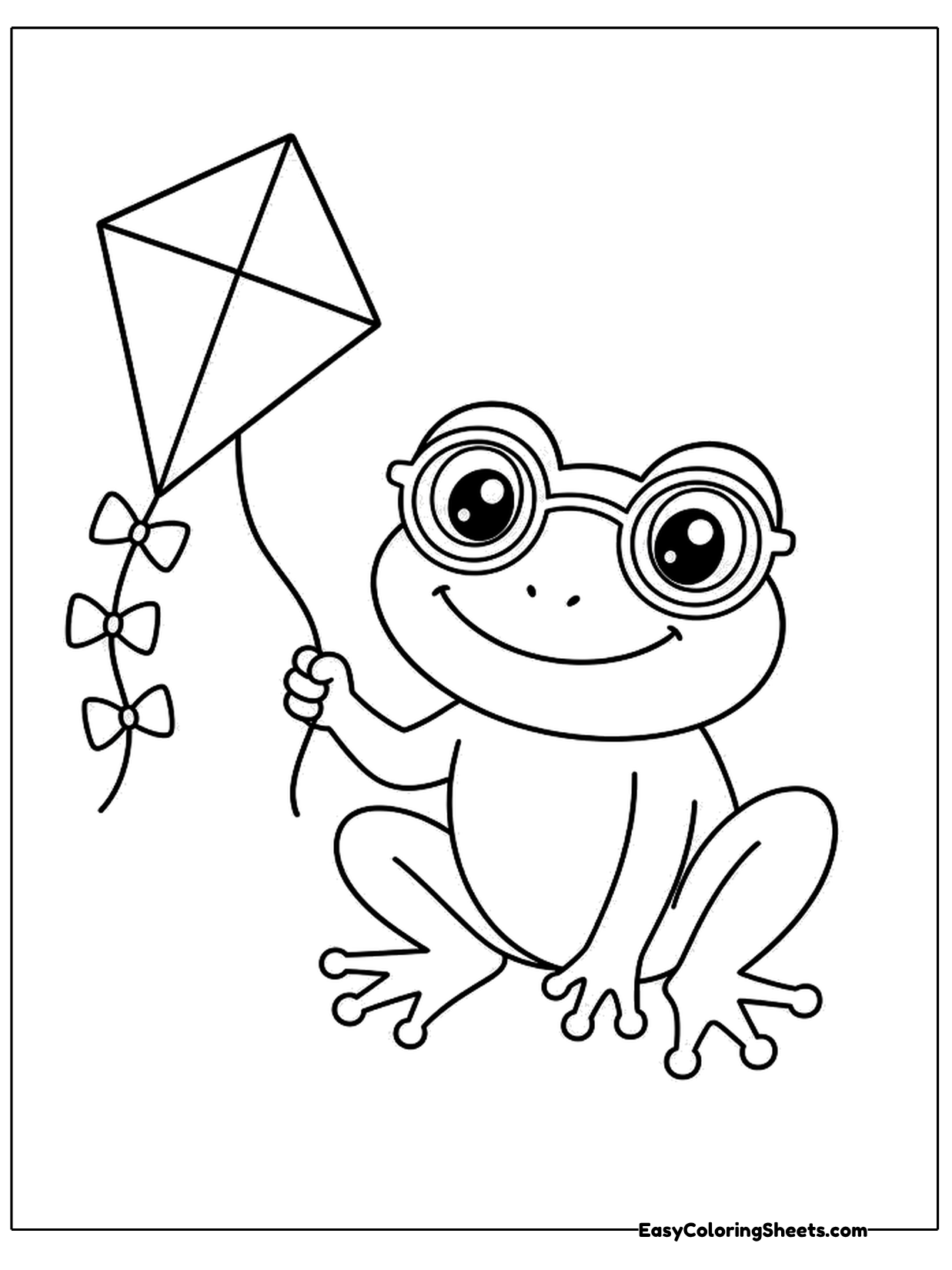 A frog wearing glasses holds the string of a diamond kite flying high in the corner, its tail decorated with little bows.