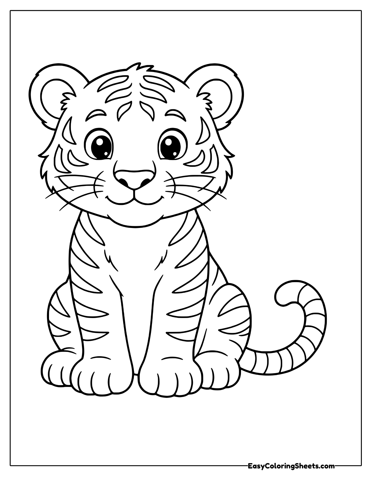 Tiger sitting upright with its tail curled