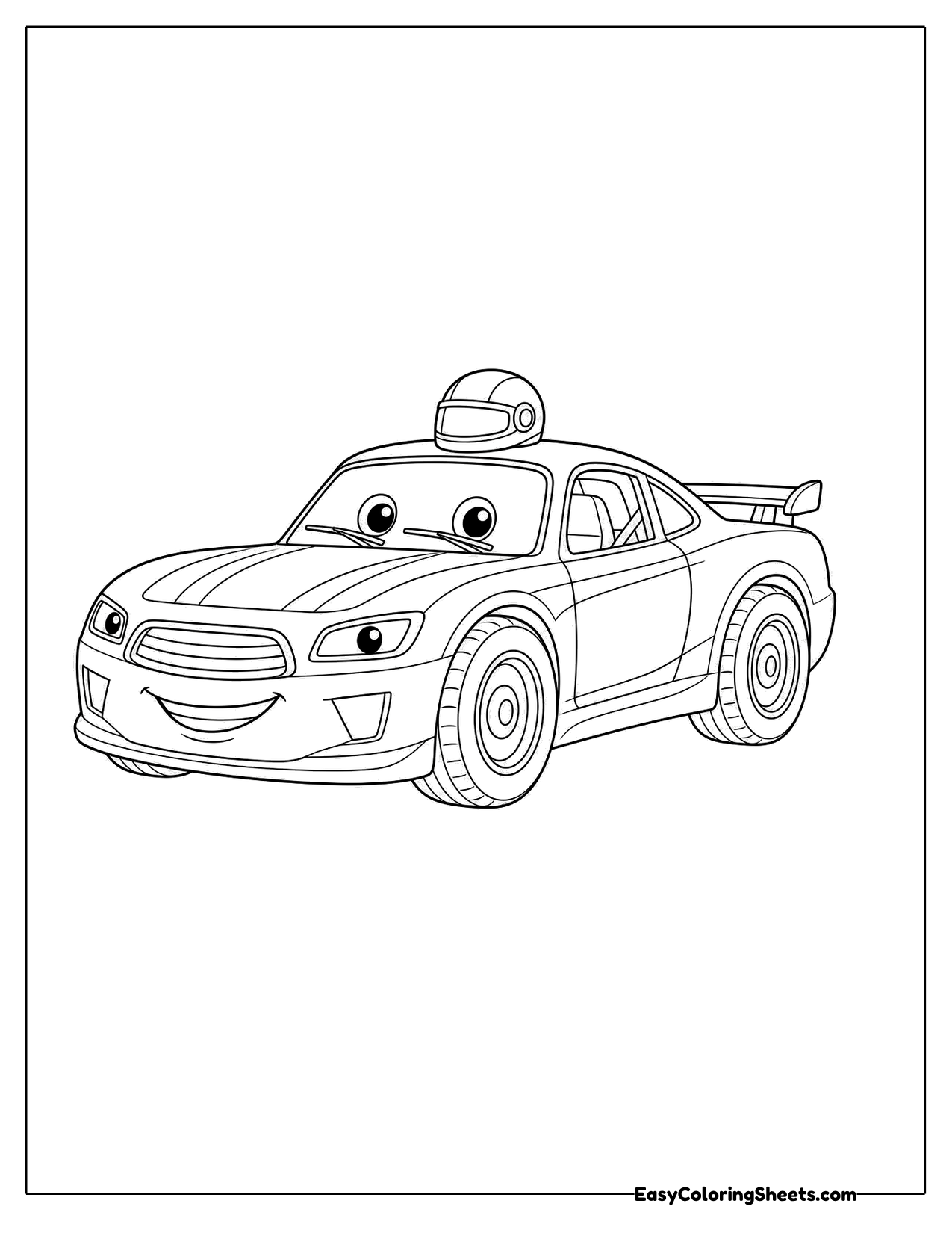 Smiling race car character with a helmet