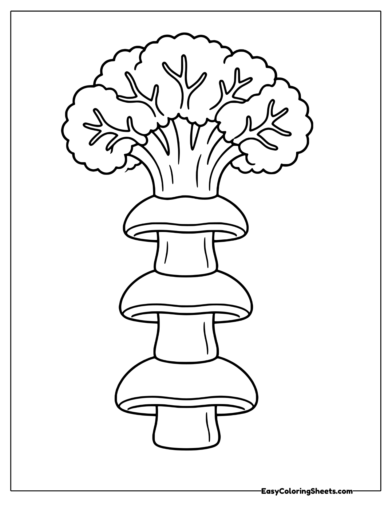 Broccoli floret on top of a tall stack of mushroom caps