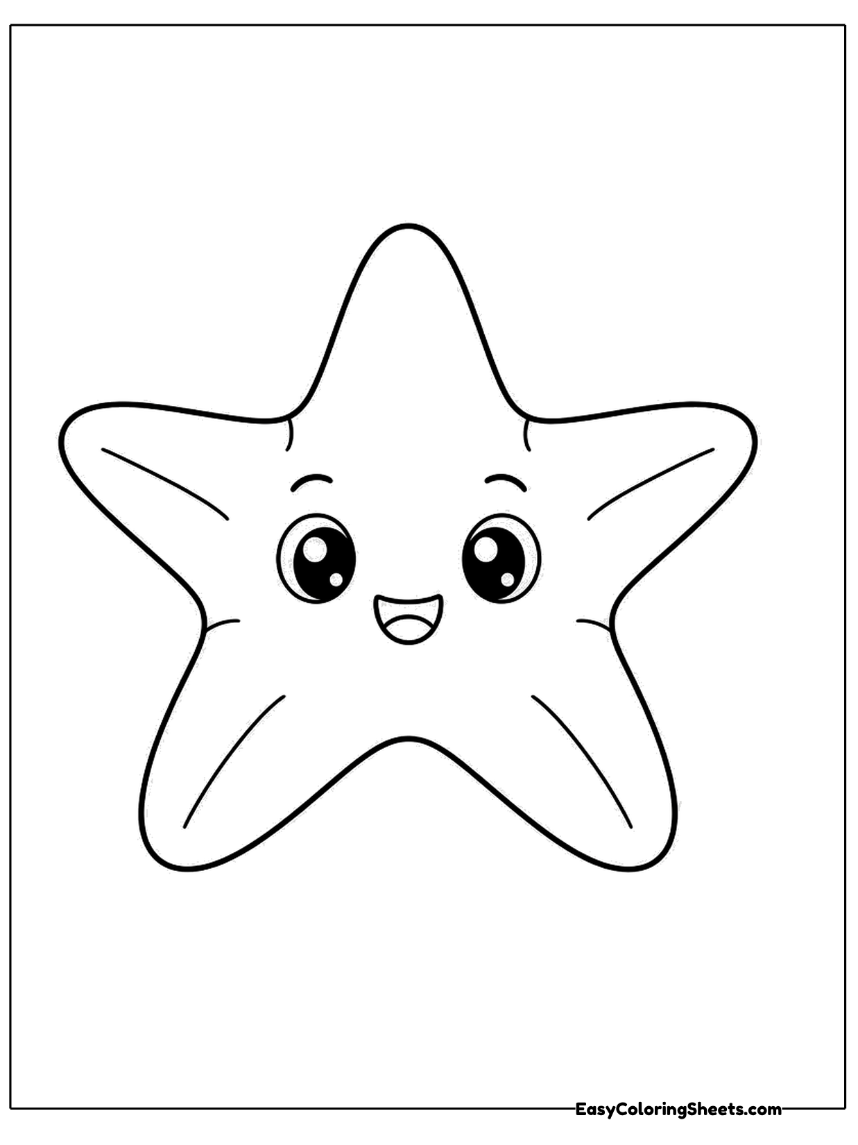 A cheerful starfish with five plump, rounded arms beams from the middle of the page with big sparkly eyes and an open smile.