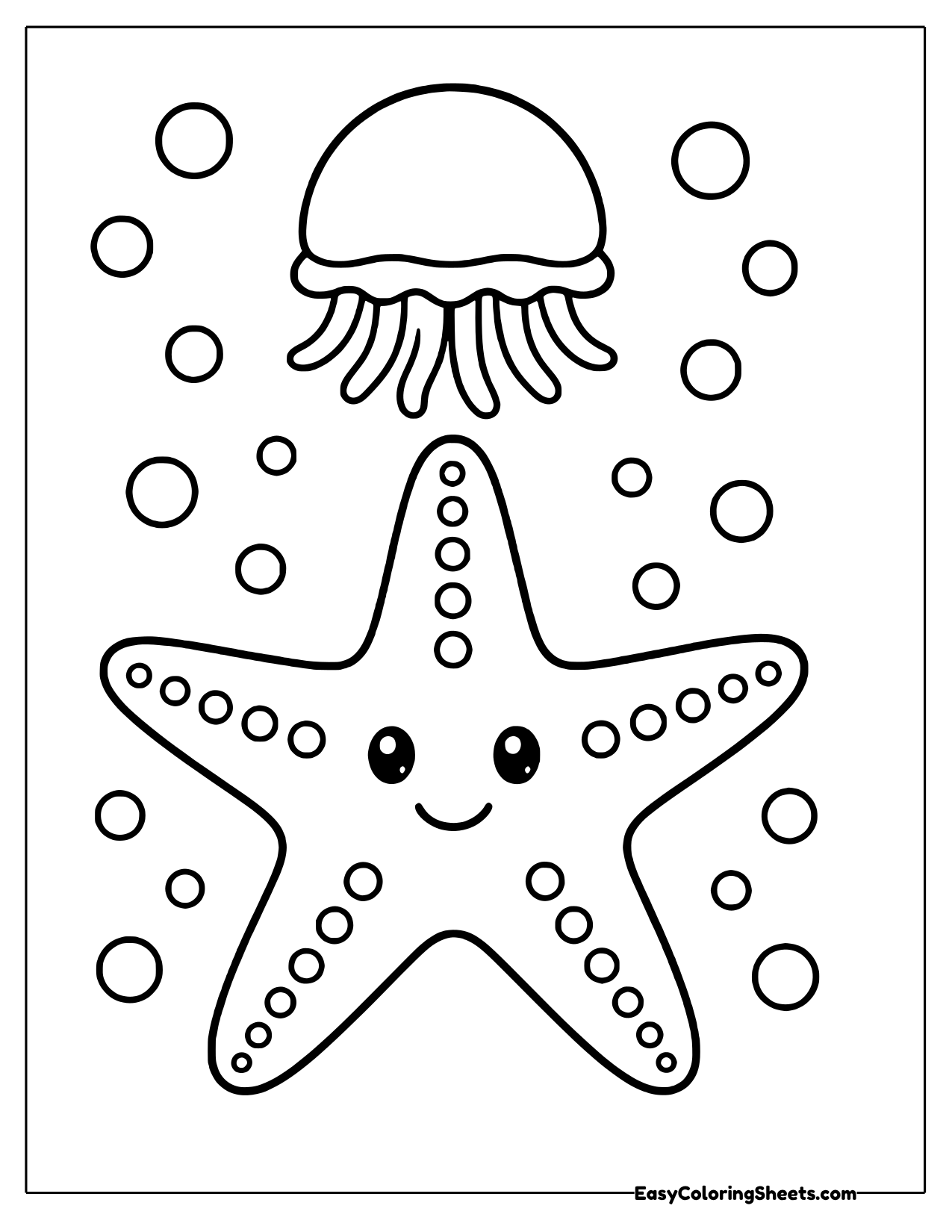 Smiling dotted starfish with a little jellyfish floating above