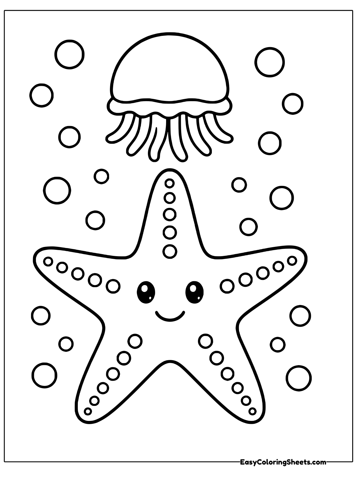 A smiling dotted starfish rests on the sea floor while a little jellyfish floats above among rising bubbles.