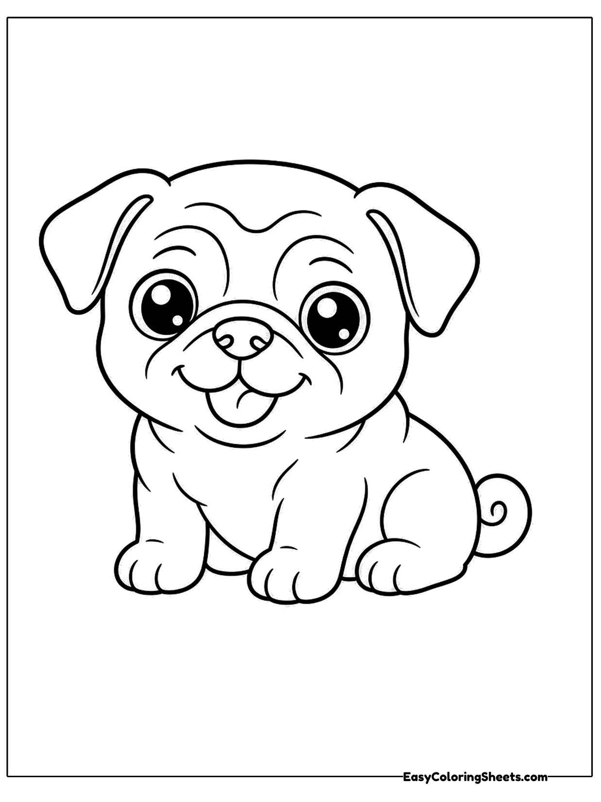 A baby pug sits with big shiny eyes, floppy ears, a wrinkly snout and a curled tail.