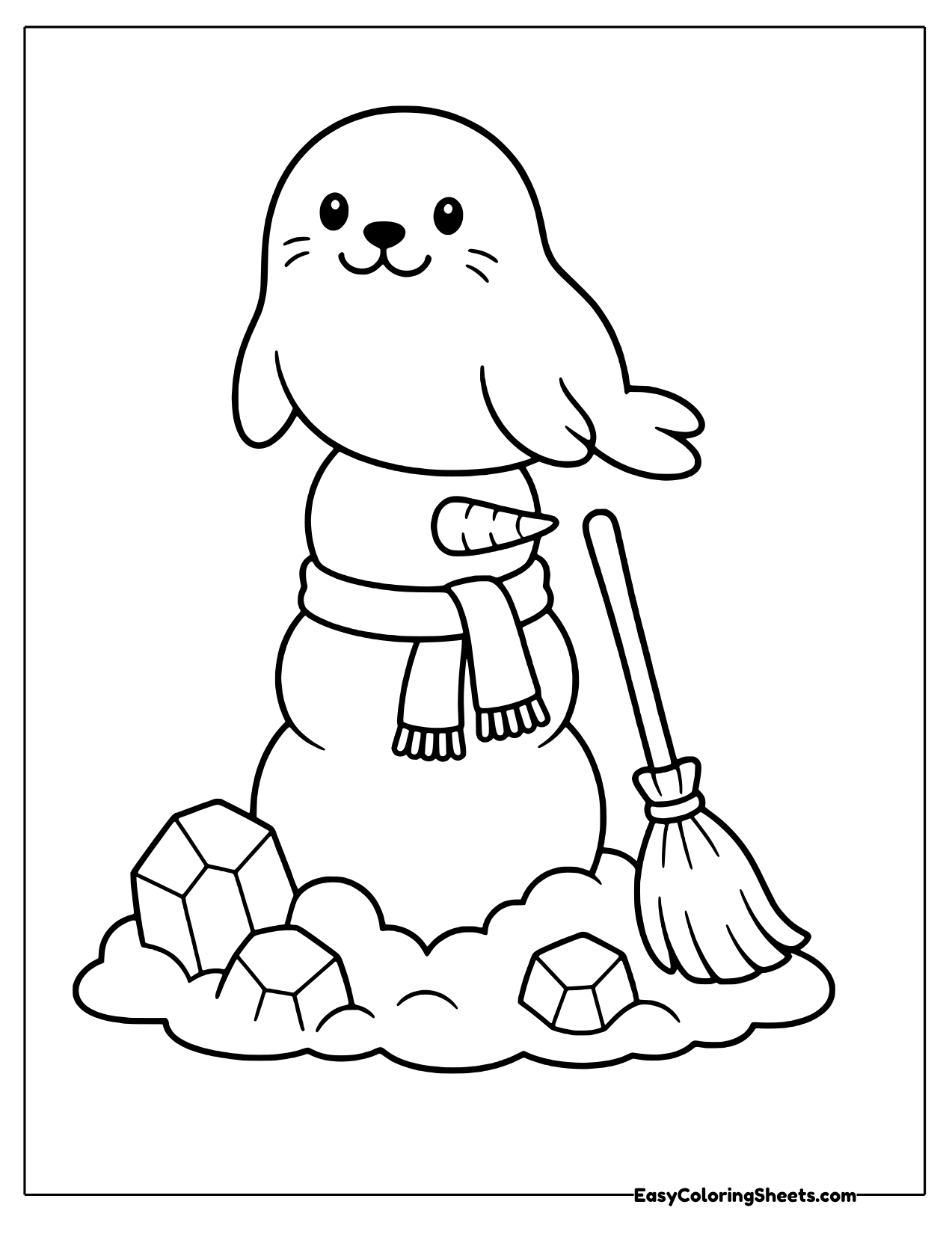 Seal sitting on top of a snowman with a broom
