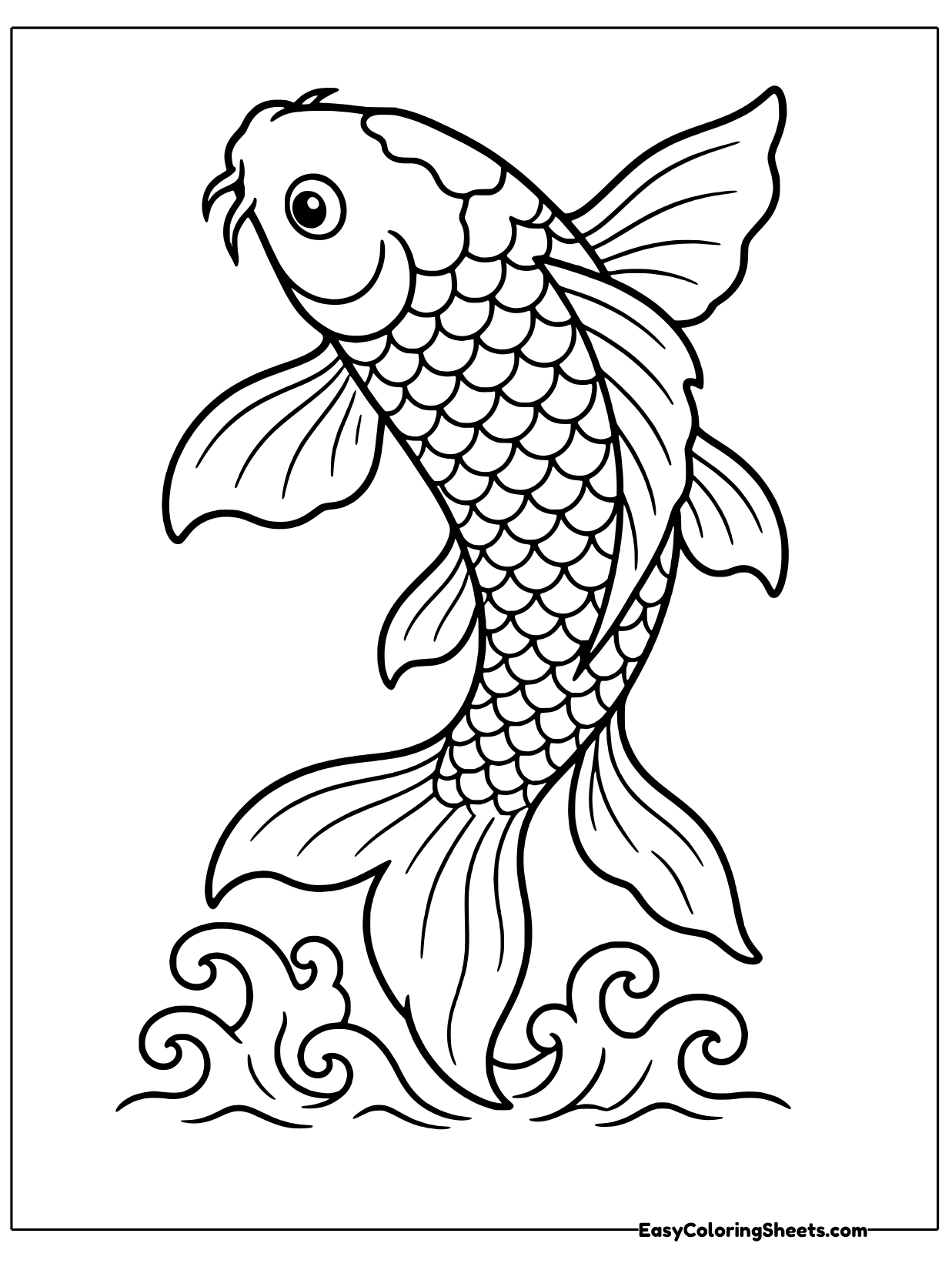 A koi swims upward above stylized curling waves in a classic Asian art style.