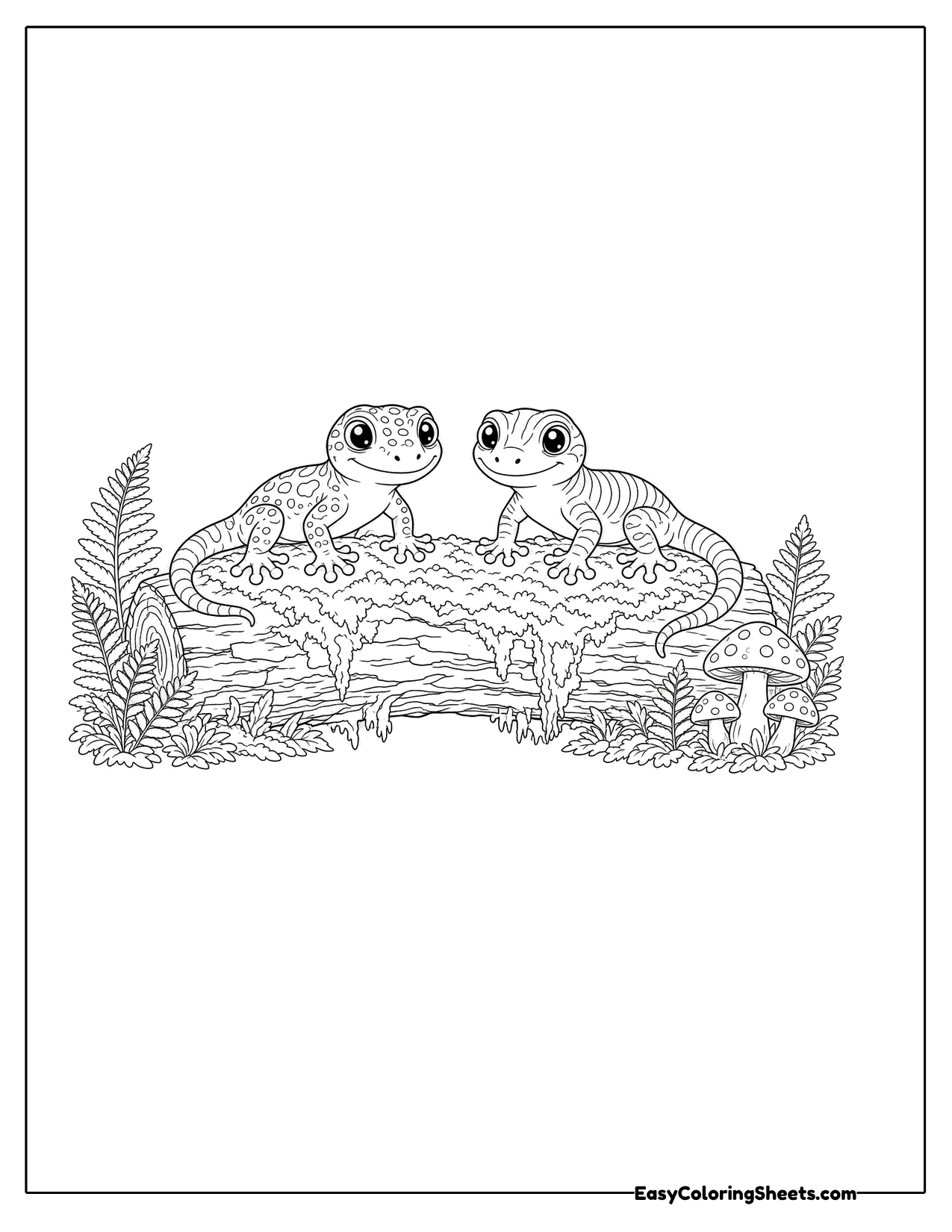Two geckos peeking over a fallen log