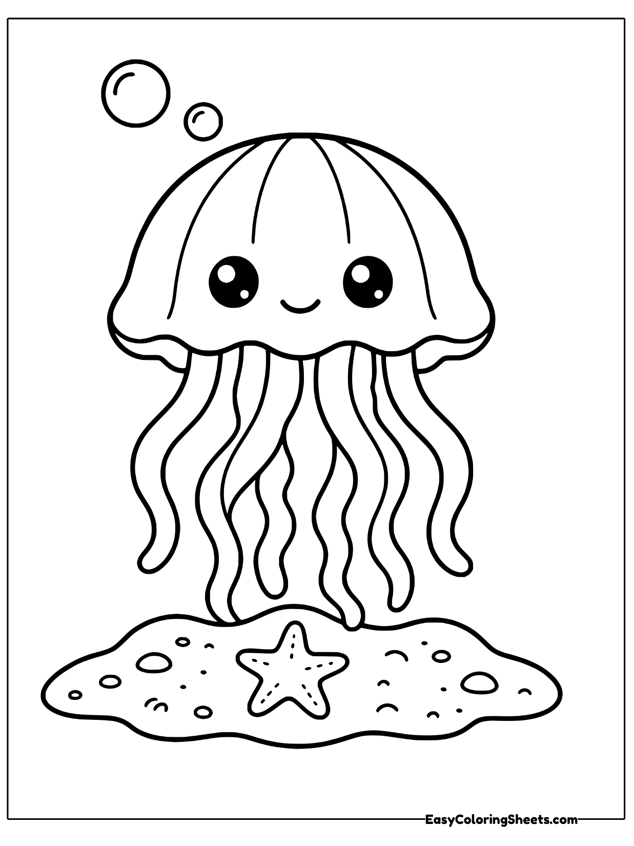 A jellyfish with a striped bell floats over a small sandy mound where a starfish rests.