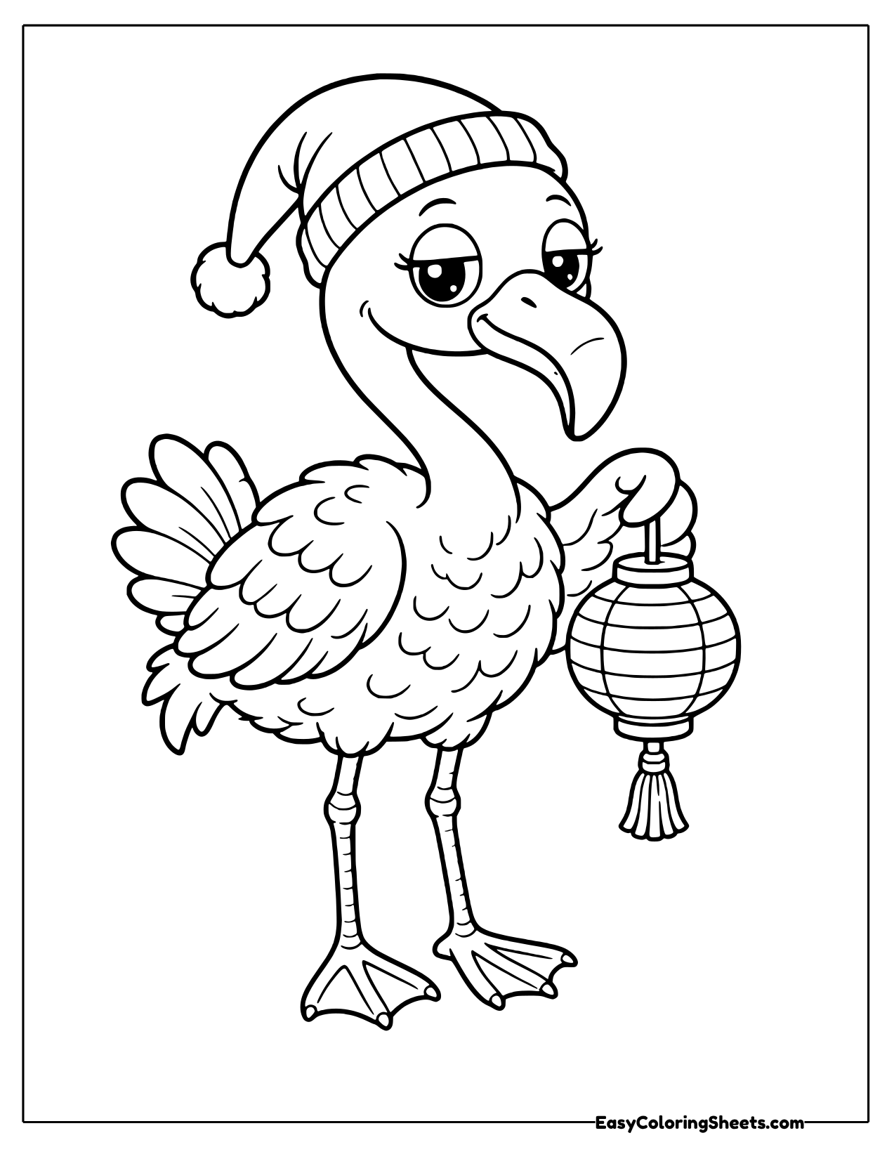 Sleepy flamingo in a nightcap carrying a paper lantern