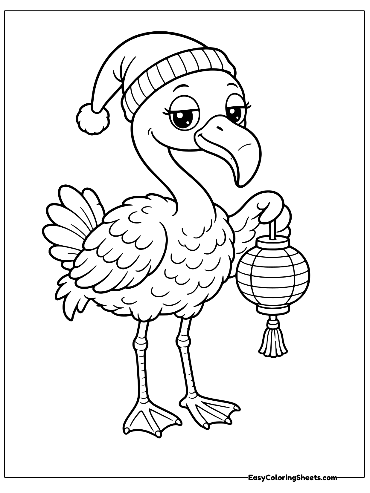 This drowsy flamingo wears a floppy nightcap with a pom pom and carries a small round lantern by its handle.