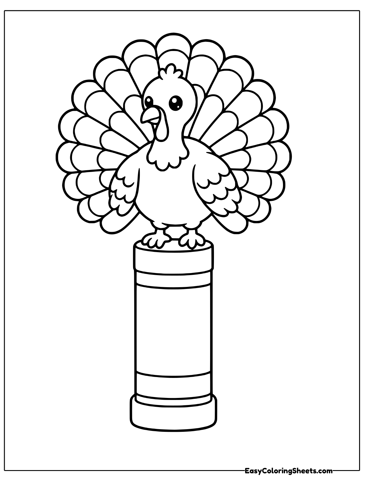 A turkey perches on top of a round wooden fence post with its tail fanned wide behind it like a colorful sunburst.