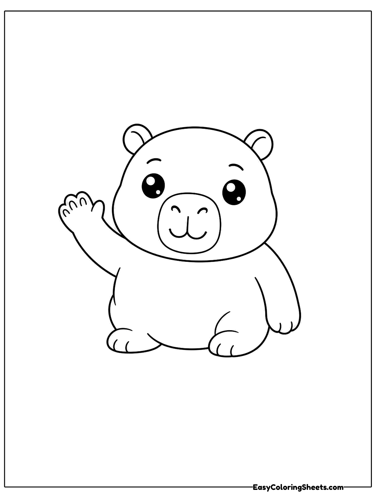 A capybara sits up on its back legs and raises one front paw in a friendly wave.
