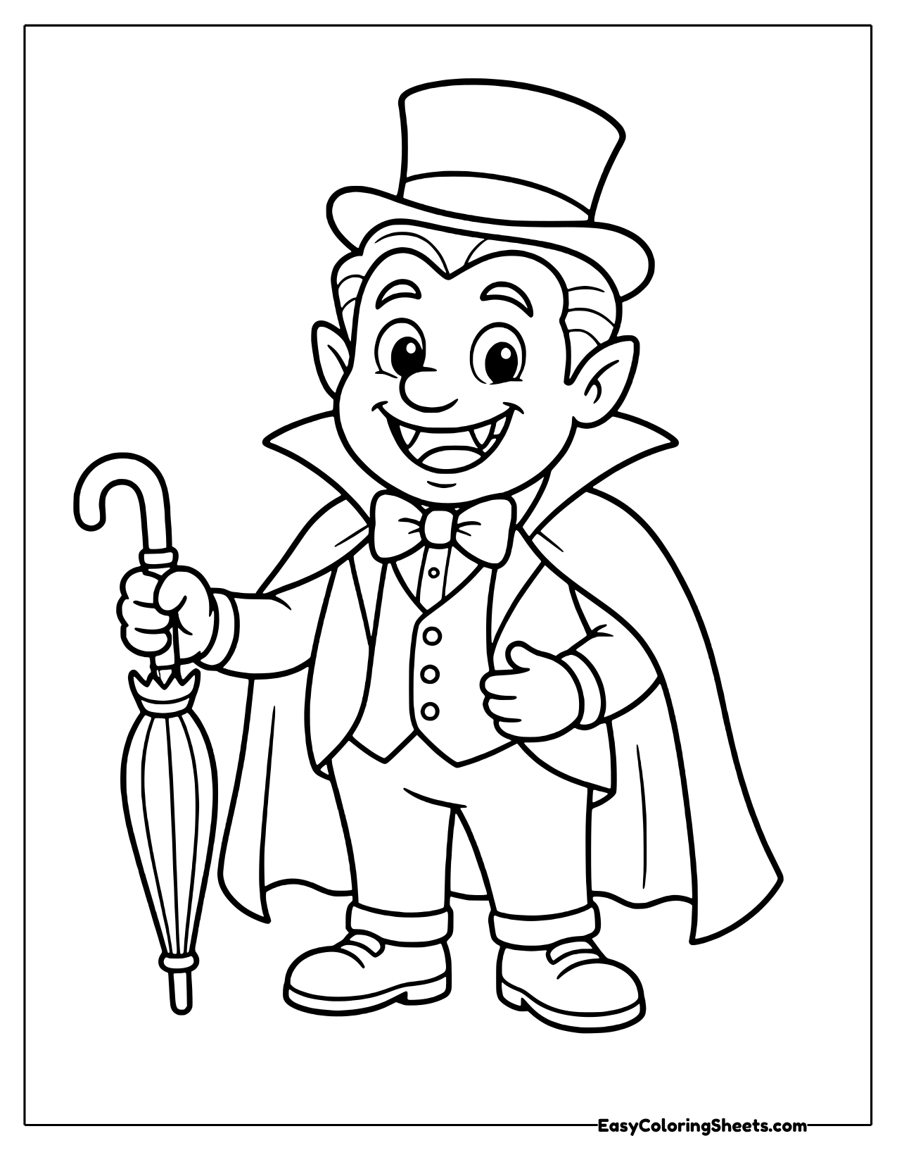 Vampire boy in a top hat holding an umbrella
