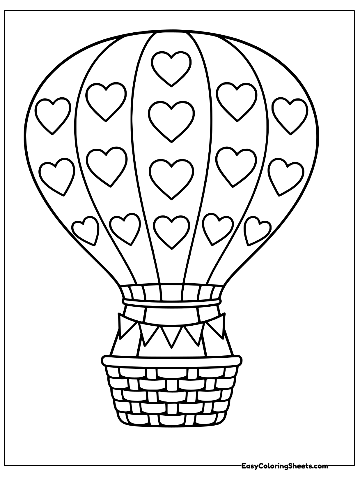Rows of hearts cover the panels of this hot air balloon, which floats above a woven basket.