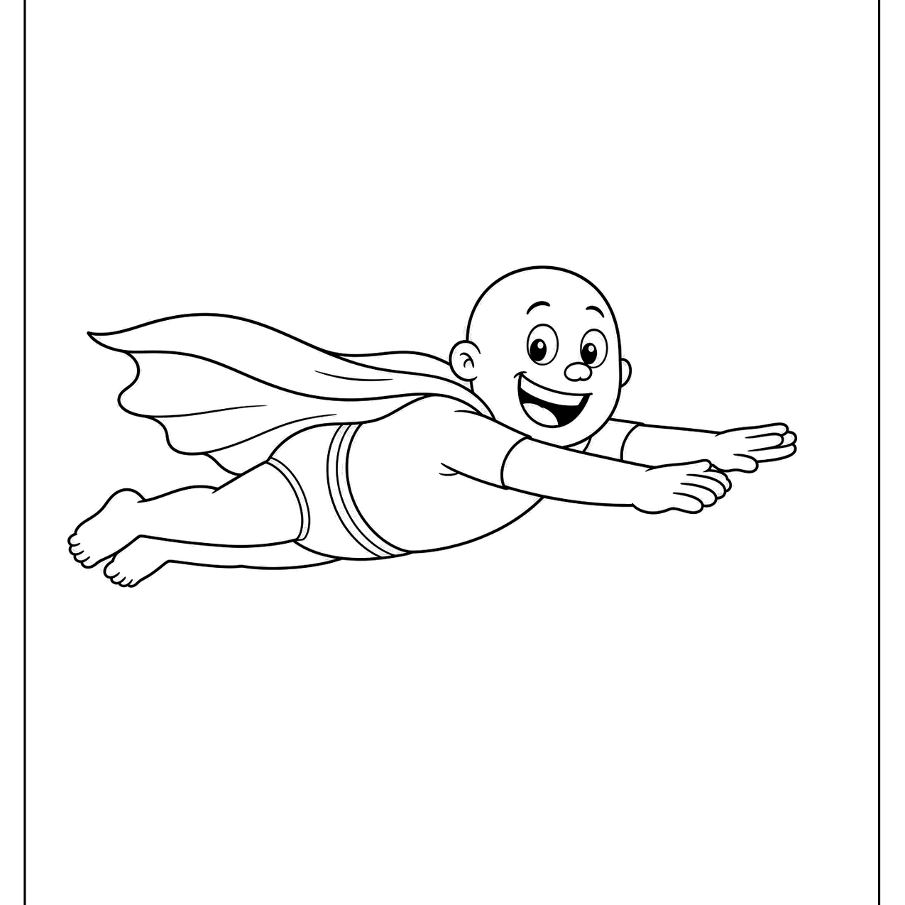 Bald cartoon superhero flying with a cape