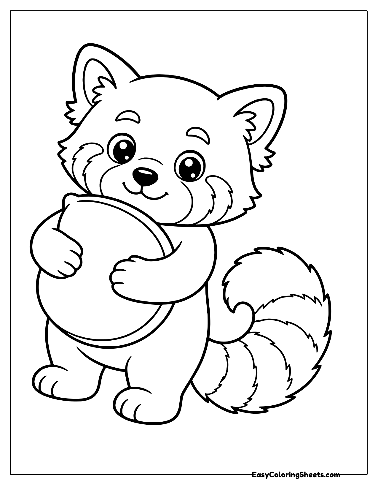 Red panda standing and hugging a big round cushion