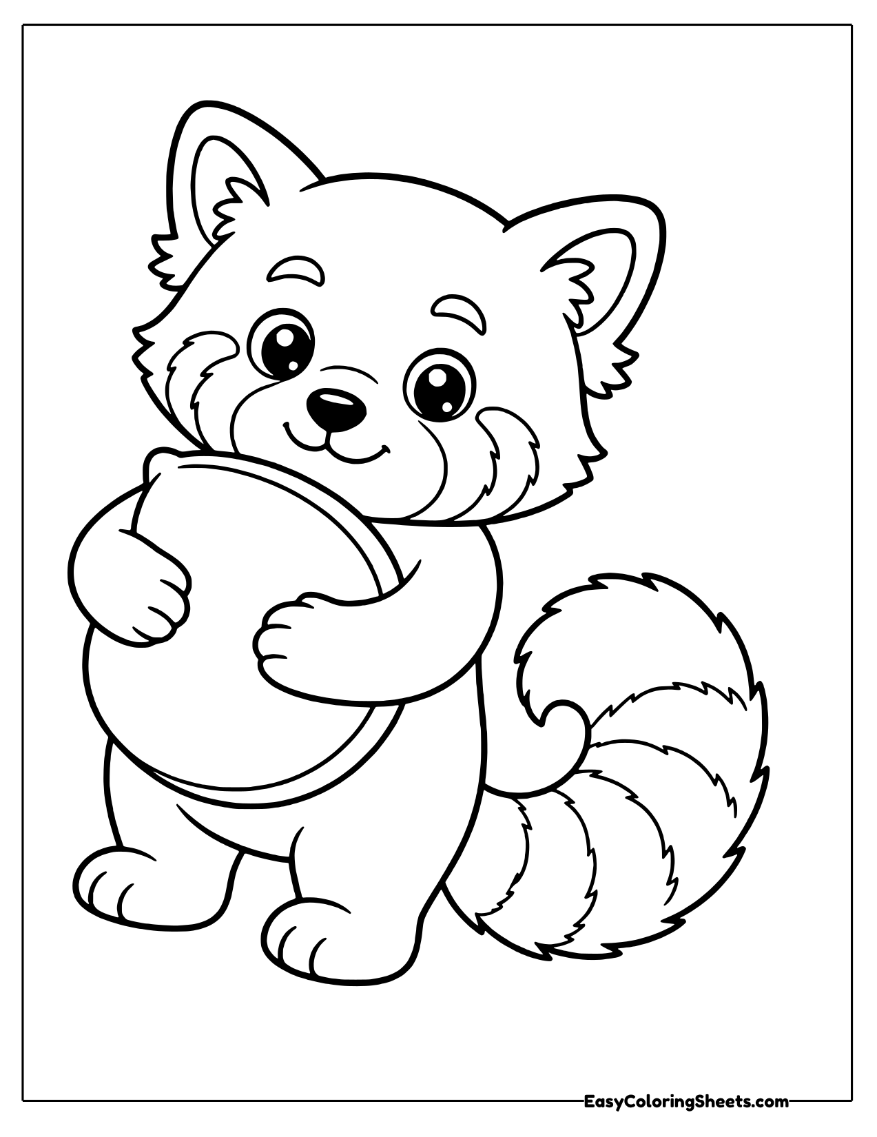 Red panda standing and hugging a big round cushion