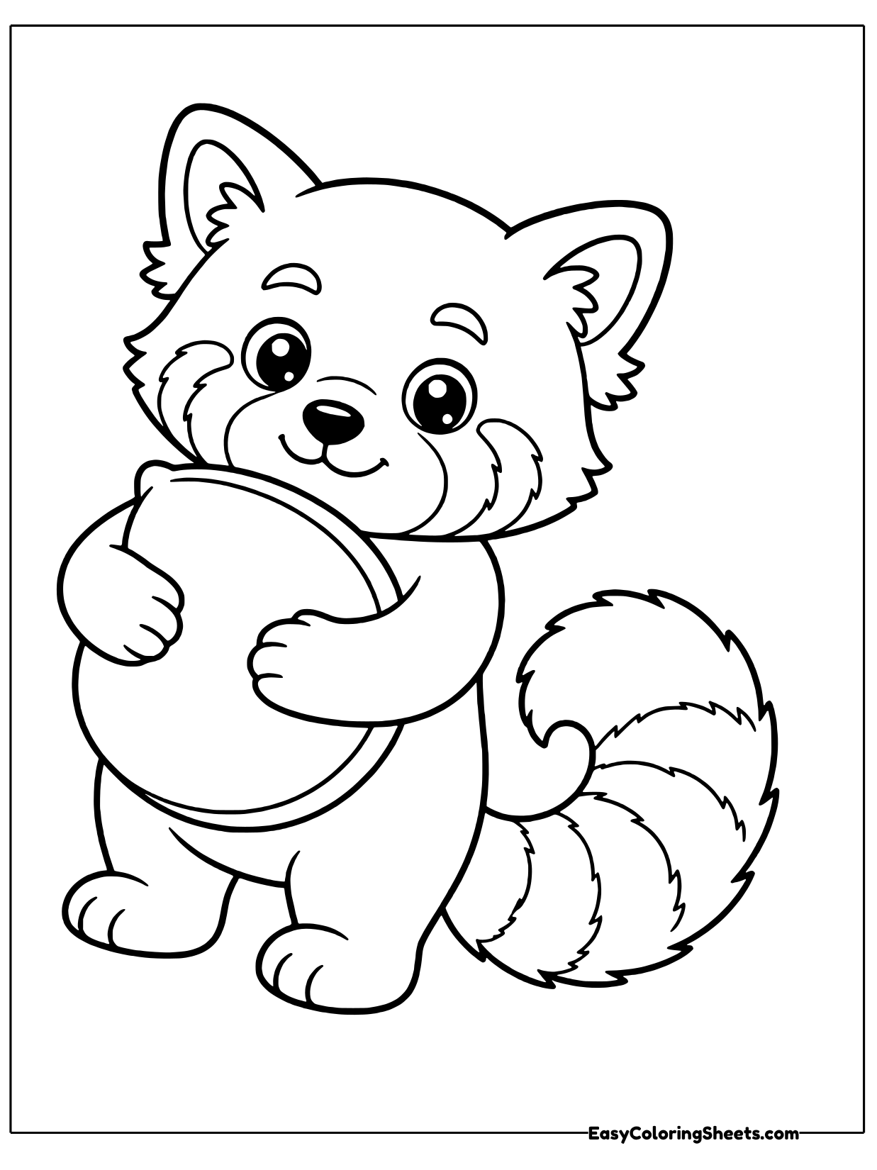 A sleepy-eyed red panda stands on its back paws and squeezes a big round cushion against its tummy, ready for a cozy nap.