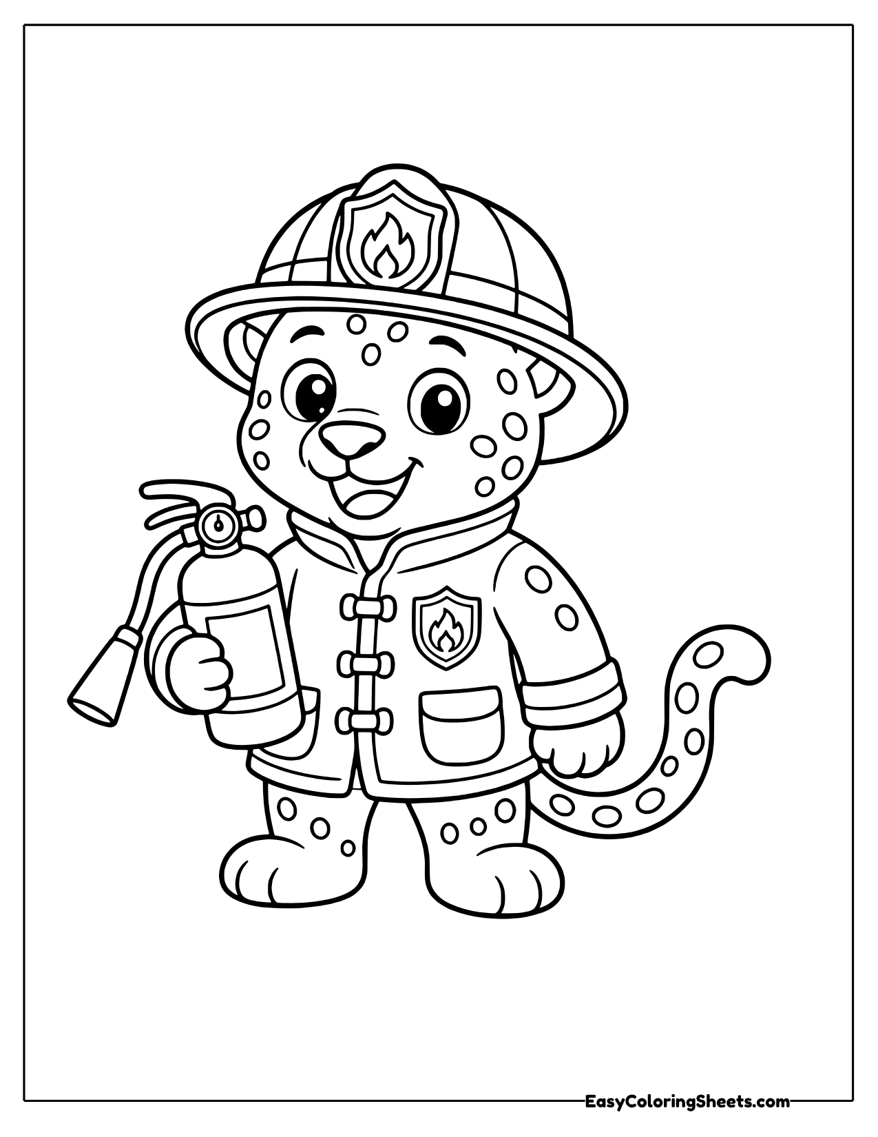 Cheetah firefighter in a helmet and coat holding a fire extinguisher