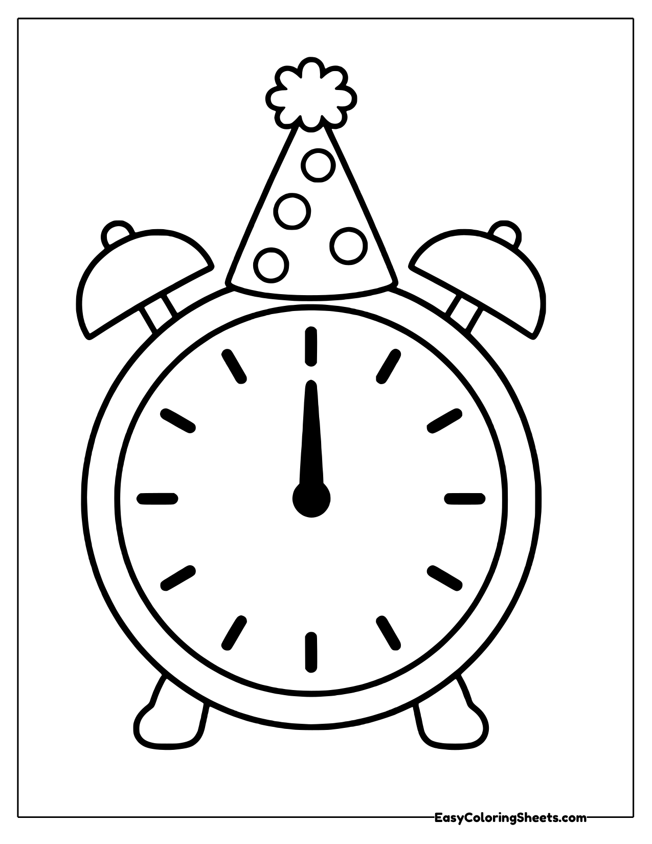 Round alarm clock in a polka dot party hat with hands at midnight