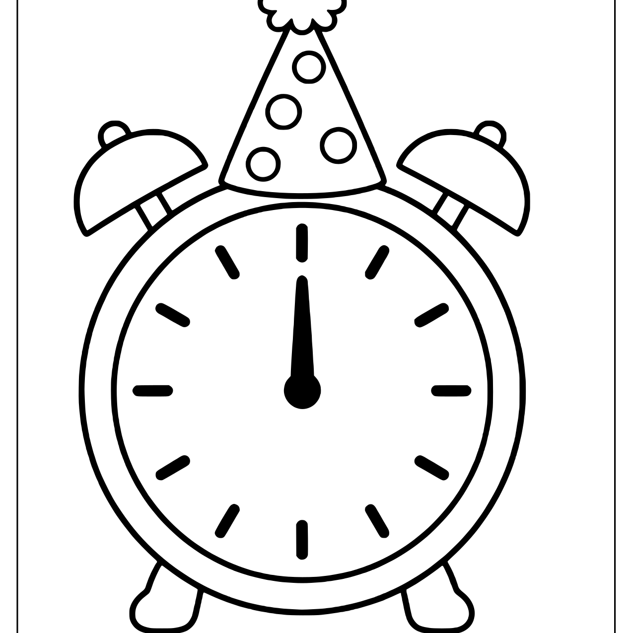 Round alarm clock in a polka dot party hat with hands at midnight