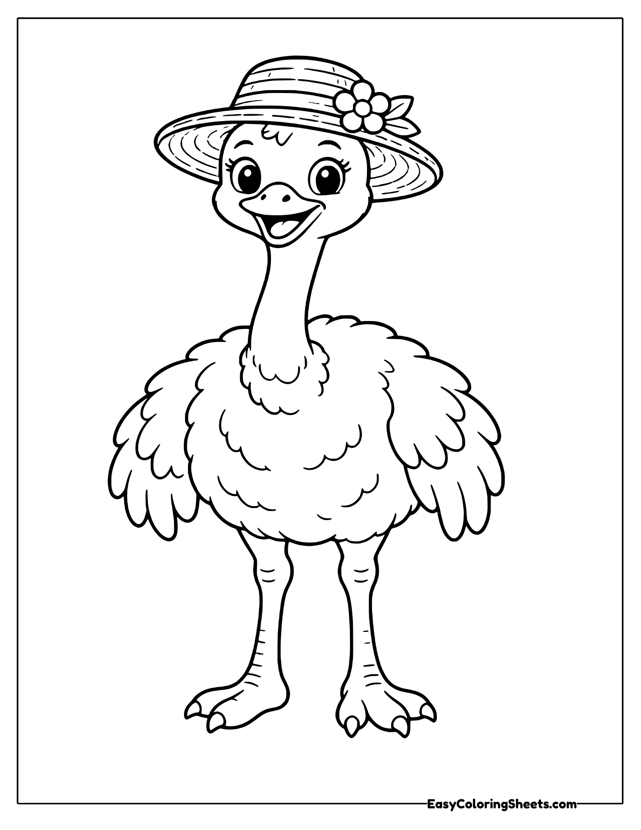 Ostrich in a straw sun hat