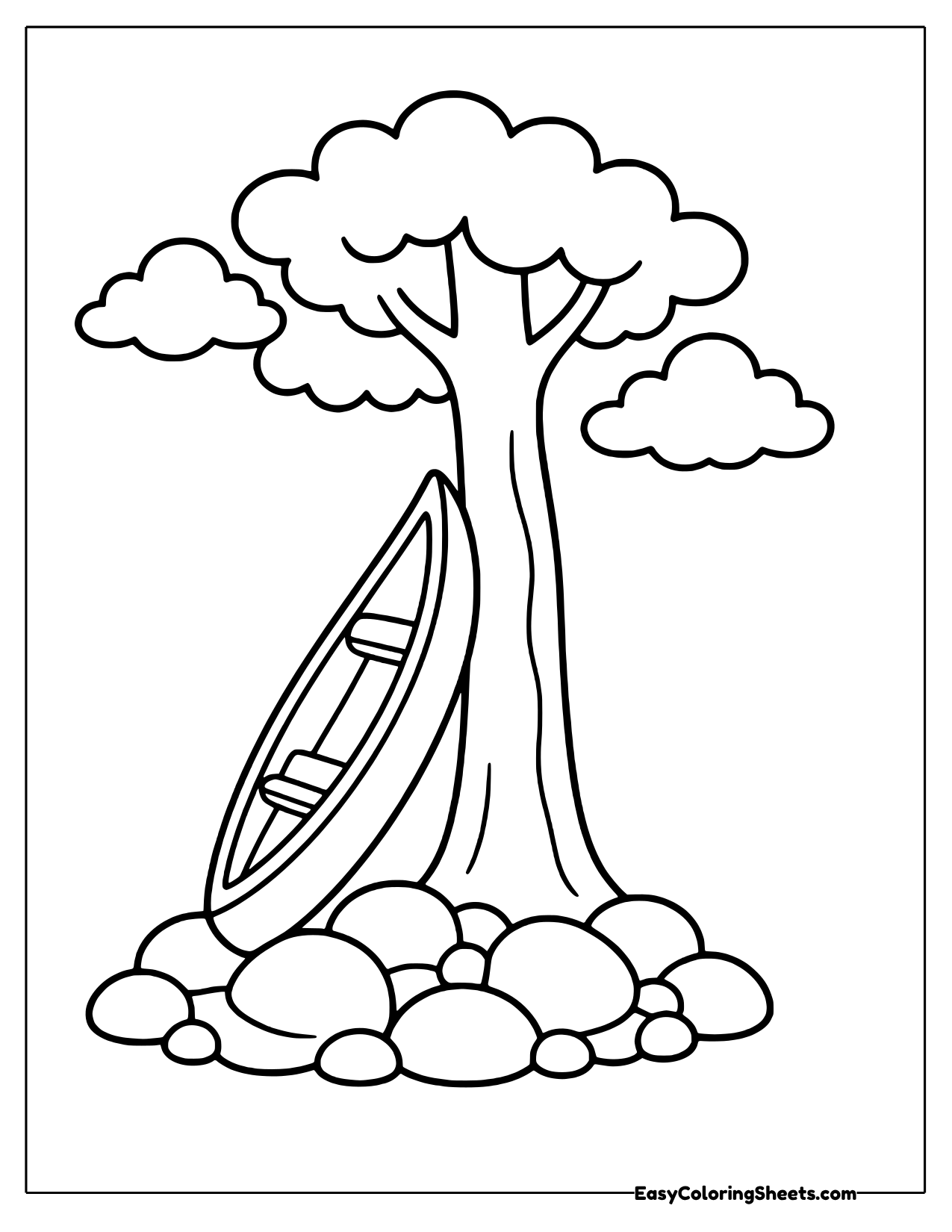 Canoe resting nose up against a tree