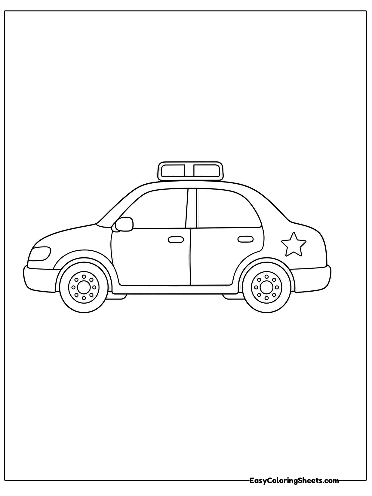 A simple police car with a light bar and a star on its door is drawn in side view.