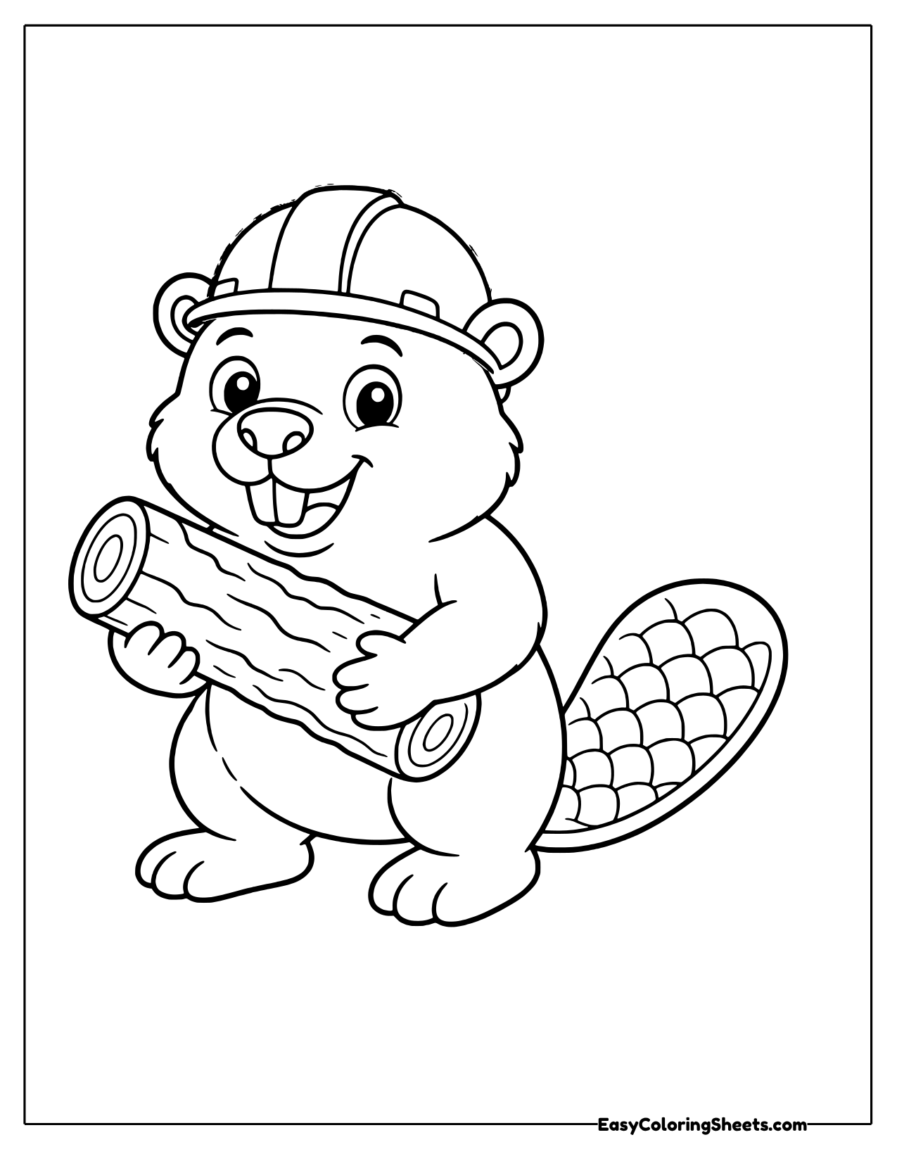 A hard working beaver in a builder's hard hat carries a chunky log under one arm, ready to add it to the dam.