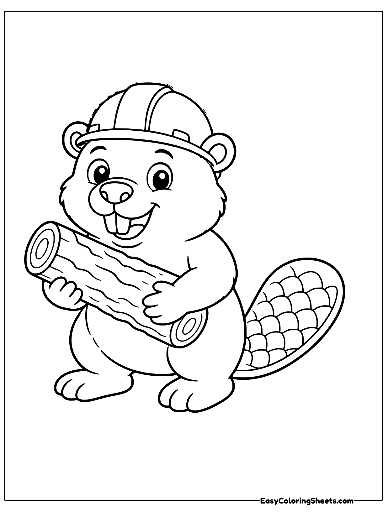 A hard working beaver in a builder's hard hat carries a chunky log under one arm, ready to add it to the dam.