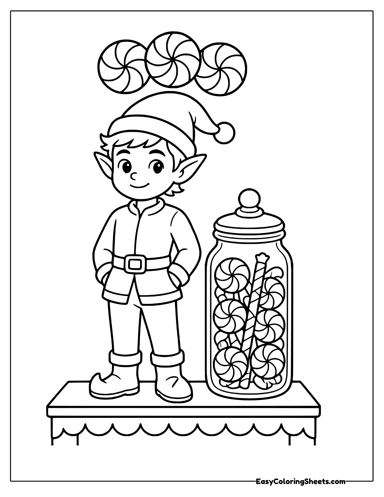 Elf beside a tall jar of candy