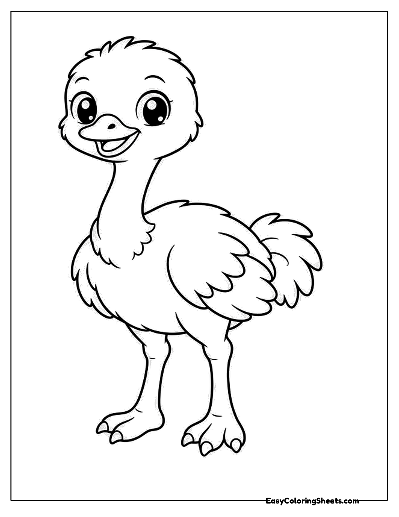 Cartoon ostrich with long legs and fluffy wings
