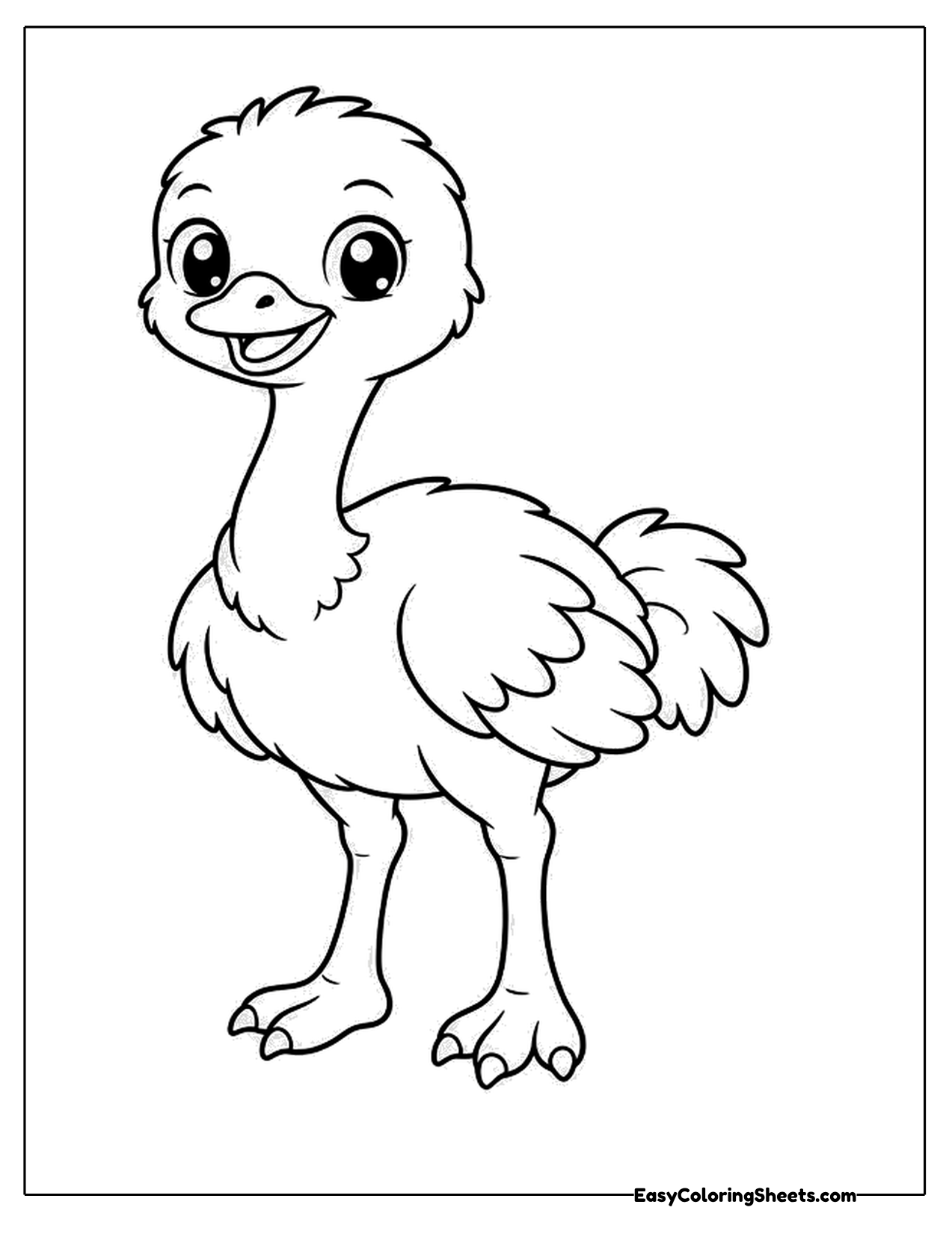 Cartoon ostrich with long legs and fluffy wings