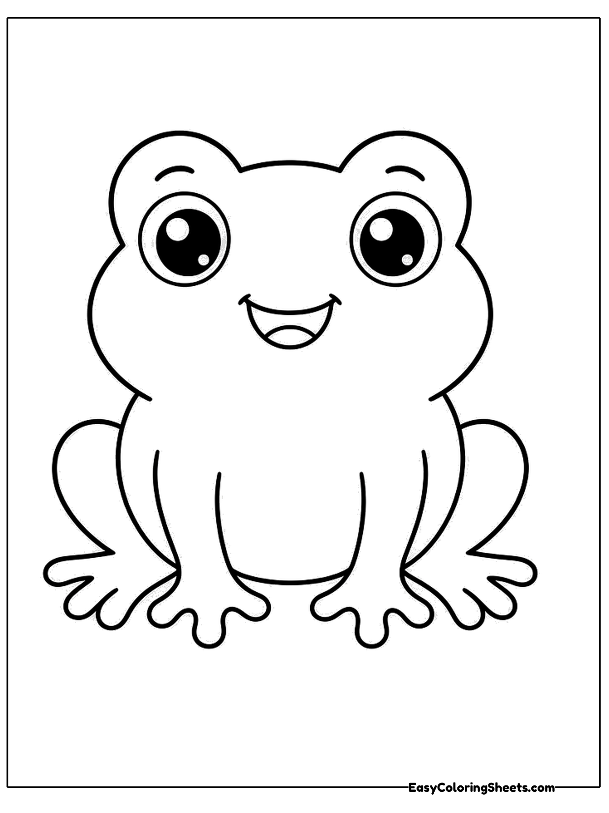 A large cartoon frog sits on its bent legs with huge round eyes on top of its head and a wide open smile.