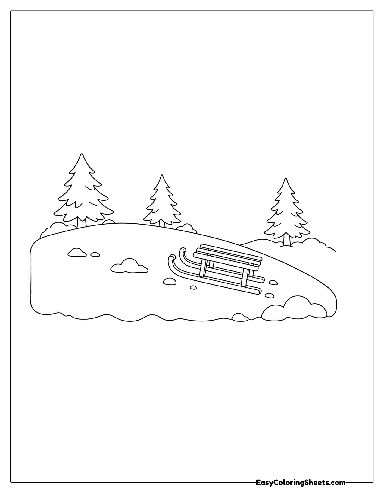 Sled resting on a snowy hill with pine trees