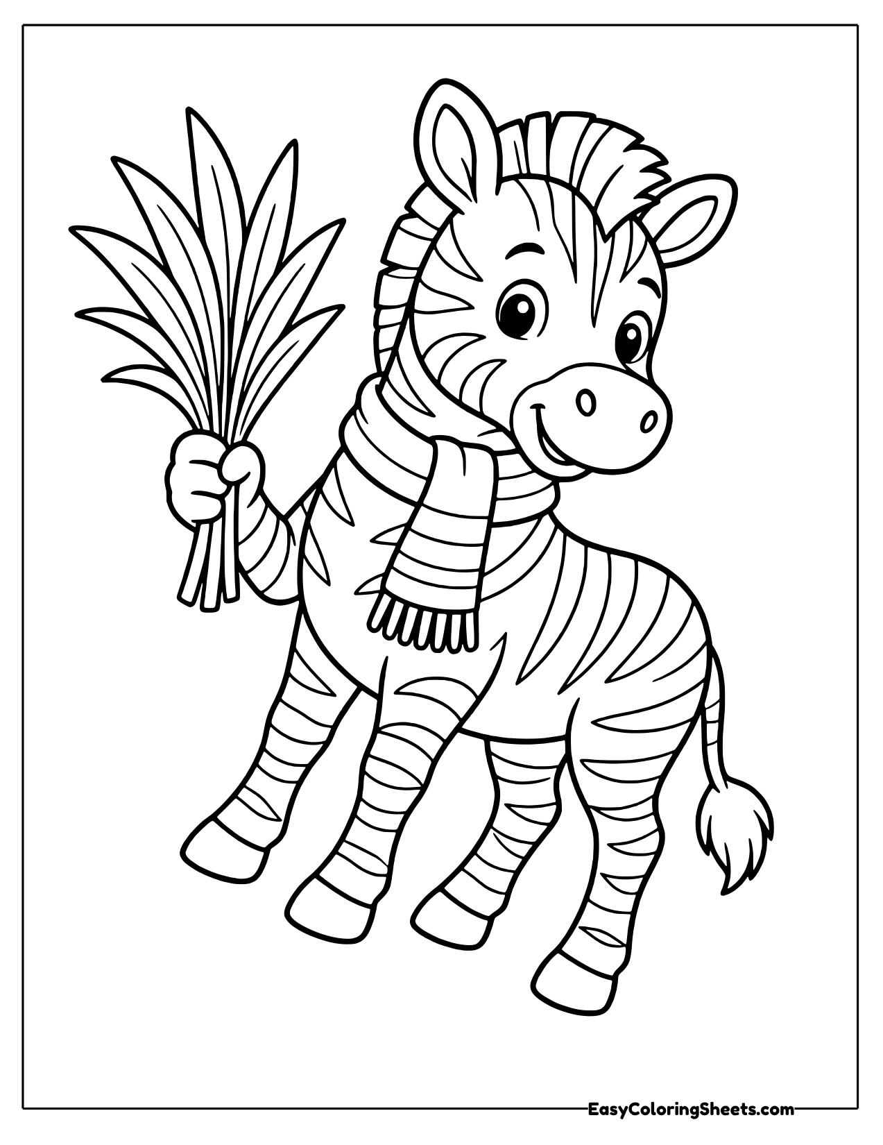 Zebra in a scarf trotting with a bundle of grass