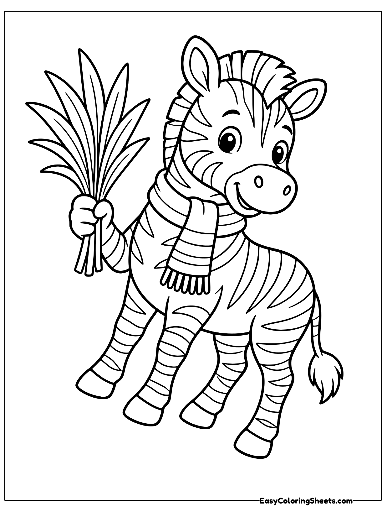 A friendly zebra in a cozy scarf trots along carrying a leafy bundle of grass for a tasty snack.
