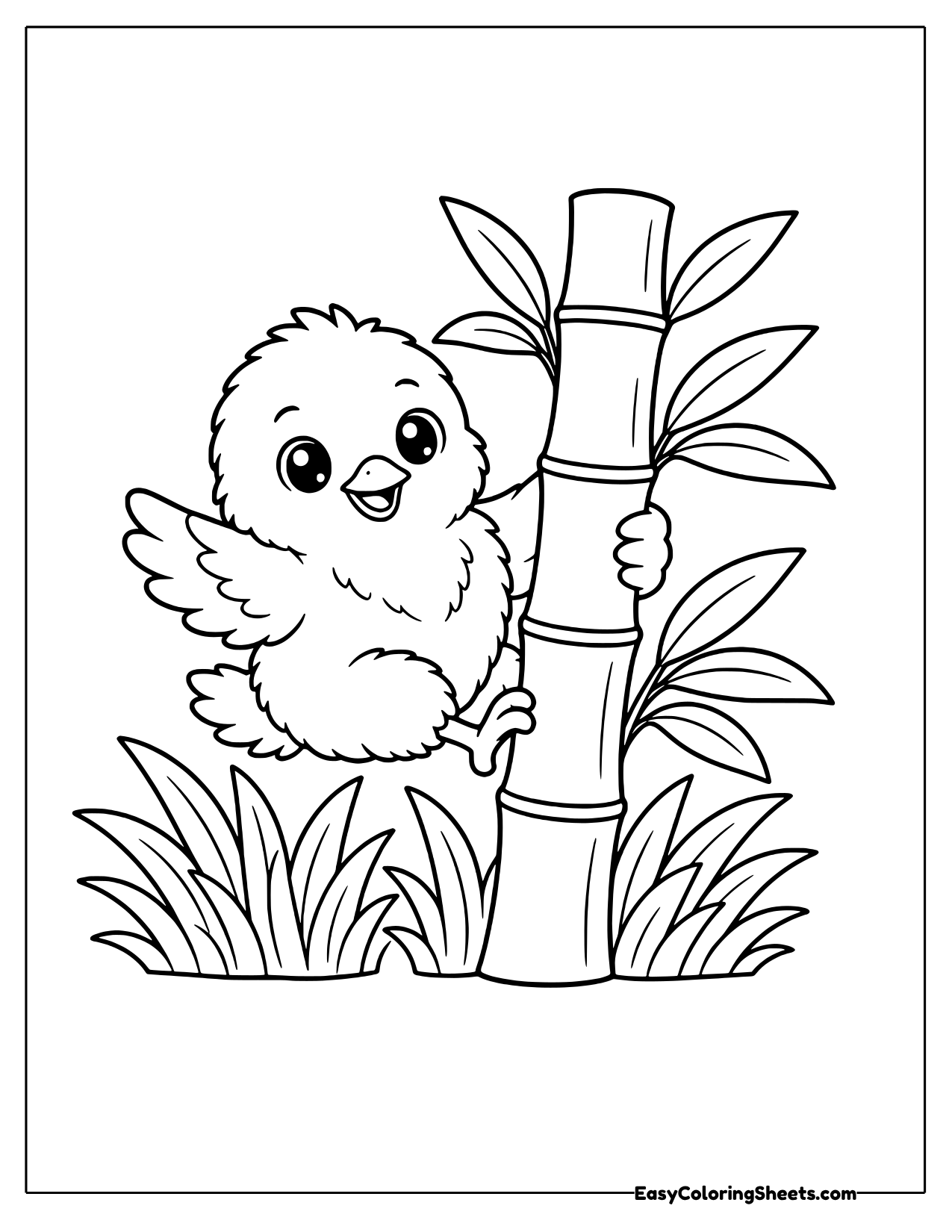 Chick climbing beside a bamboo stalk