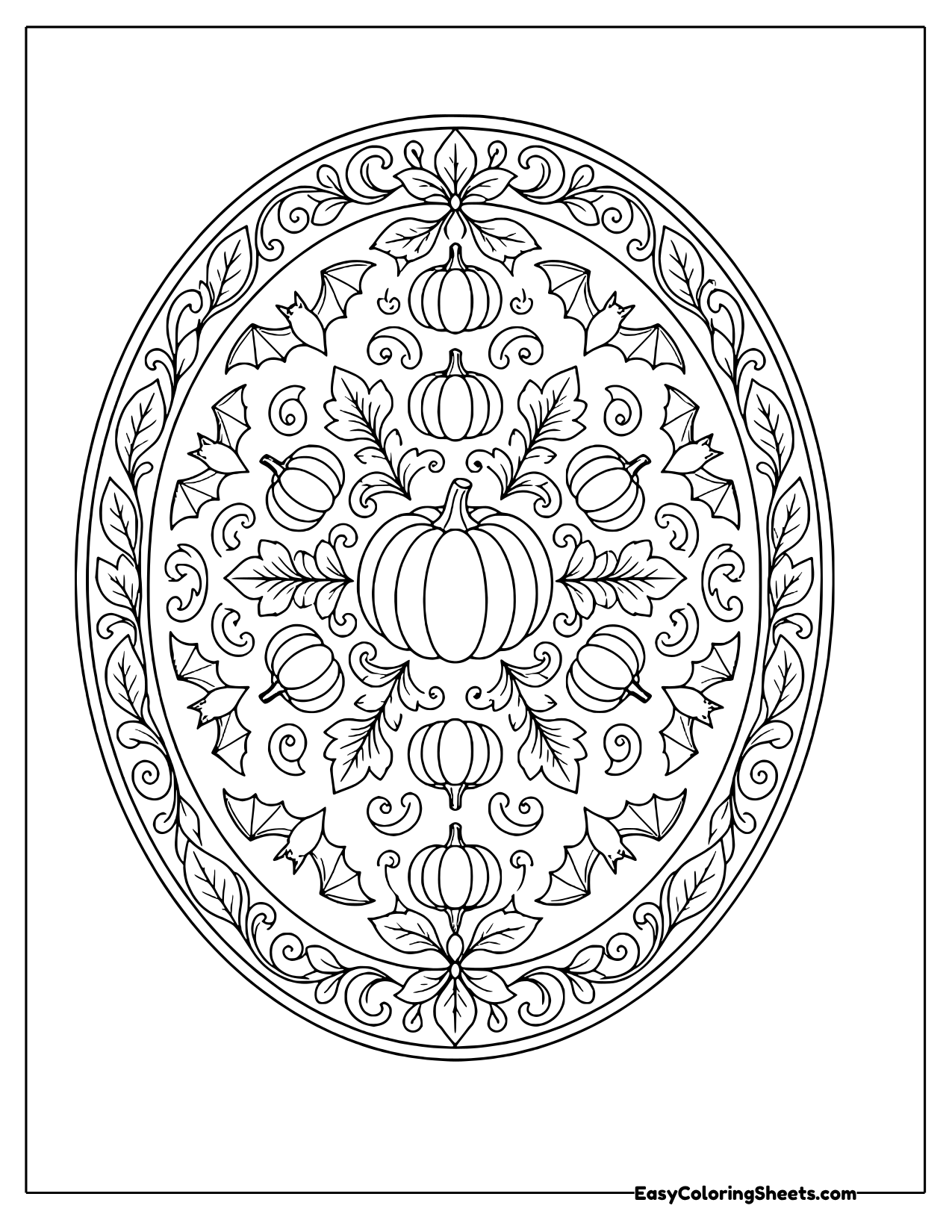 Tall oval Halloween mandala with pumpkins, bats and autumn leaves coloring page