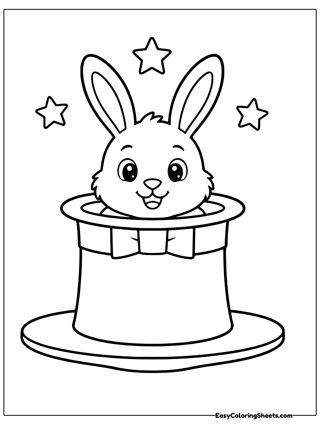 A smiling rabbit with tall ears sits inside a wide top hat, with little stars floating on both sides.