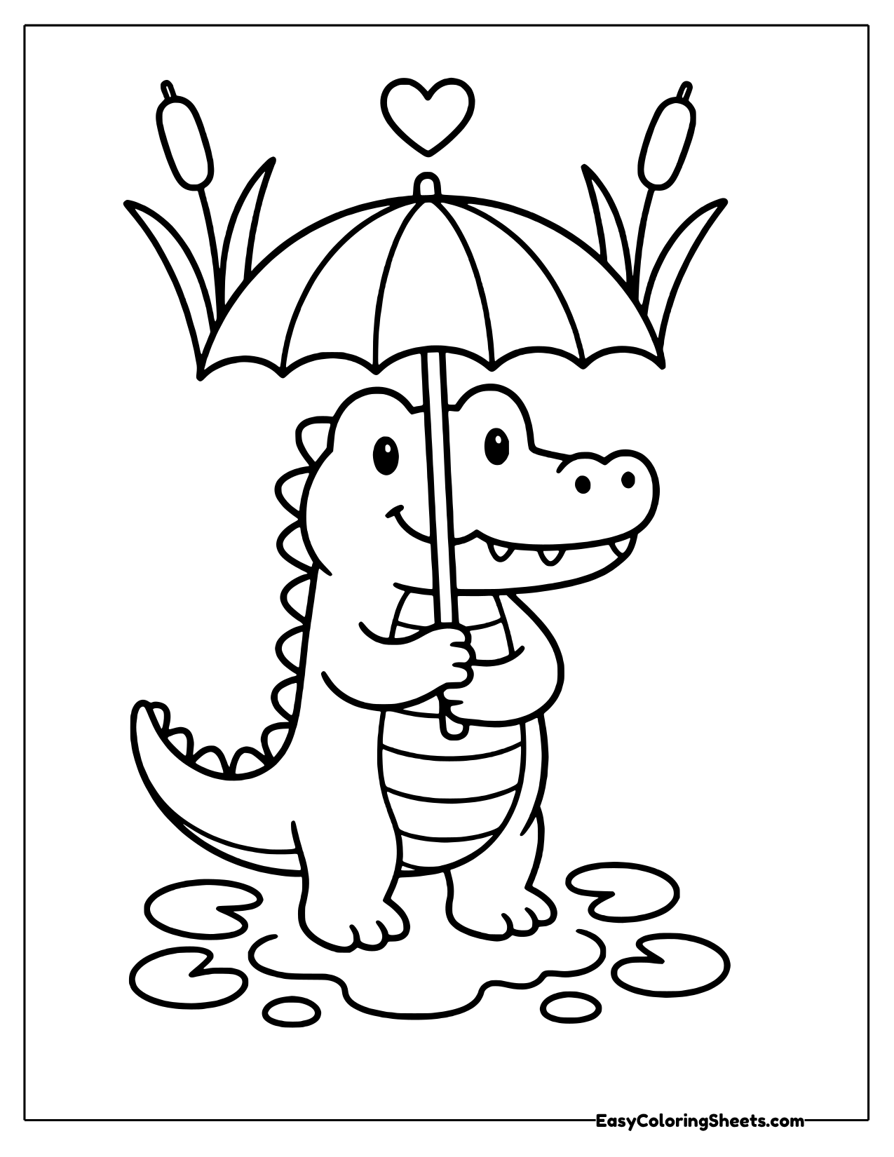 Alligator holding an umbrella among cattails
