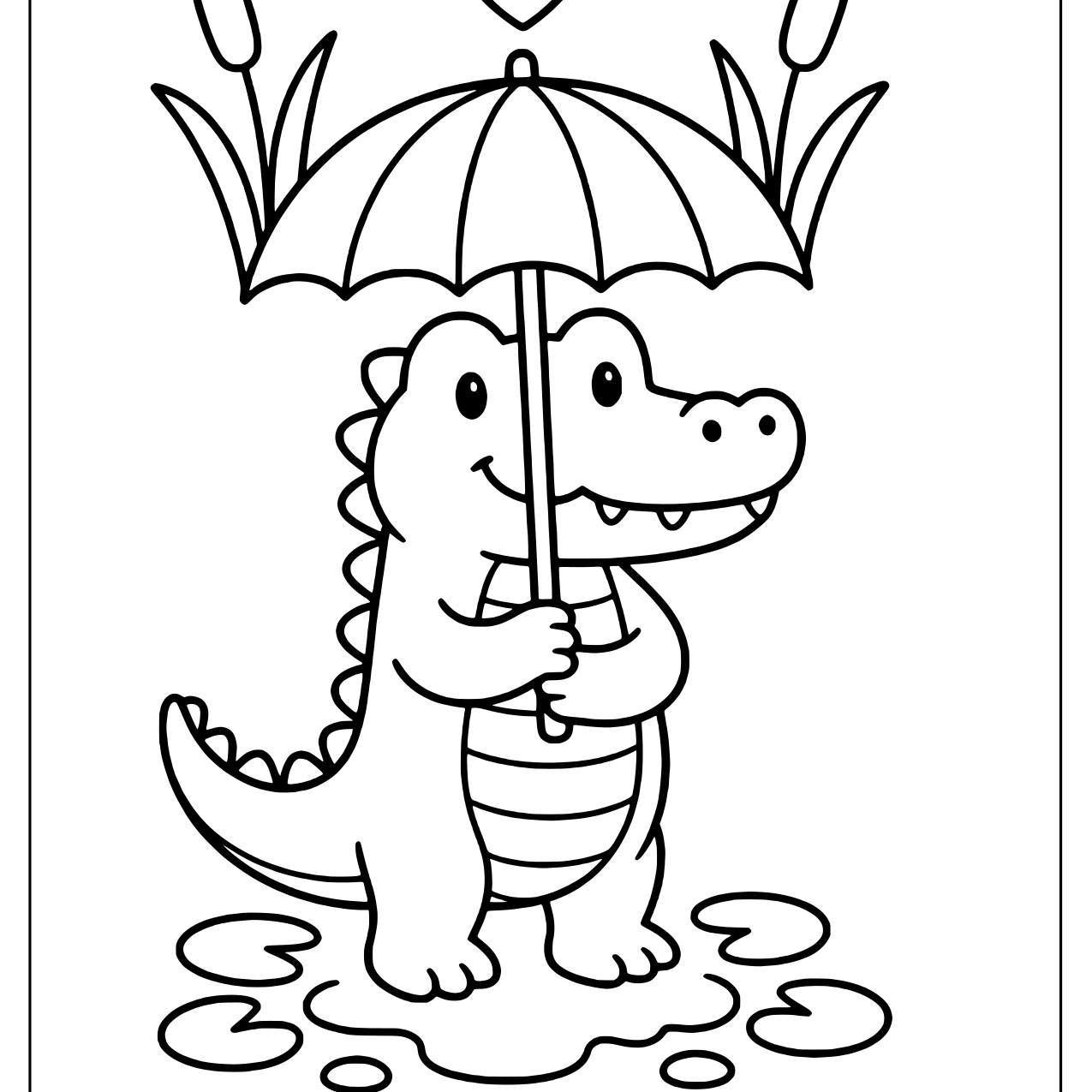Alligator holding an umbrella among cattails