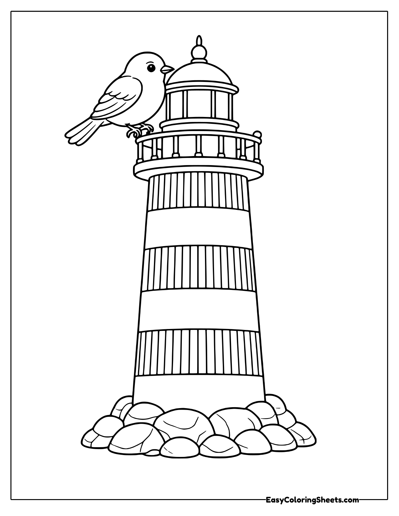 Songbird perched on the top railing of a tall striped lighthouse coloring page