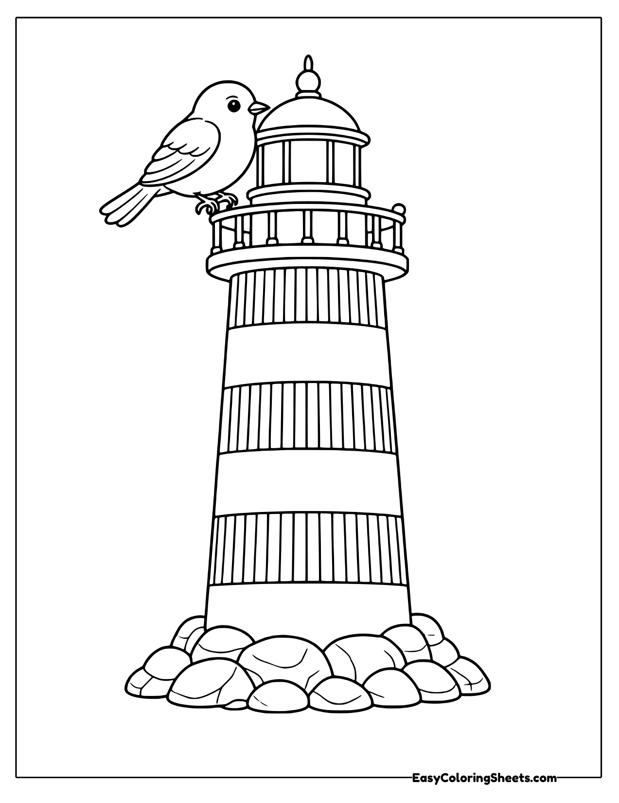 Songbird perched on the top railing of a tall striped lighthouse coloring page