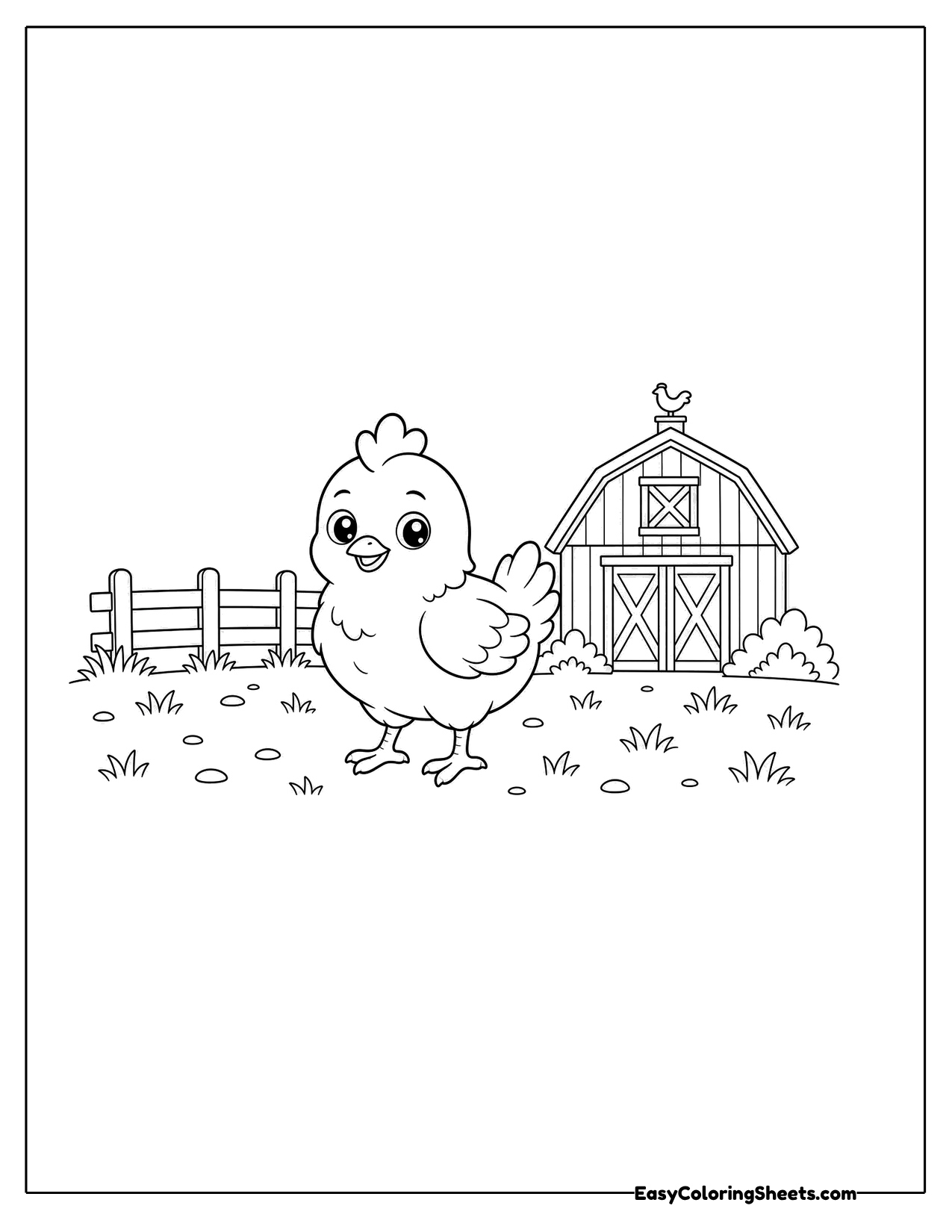 Chicken on a farm with a red barn