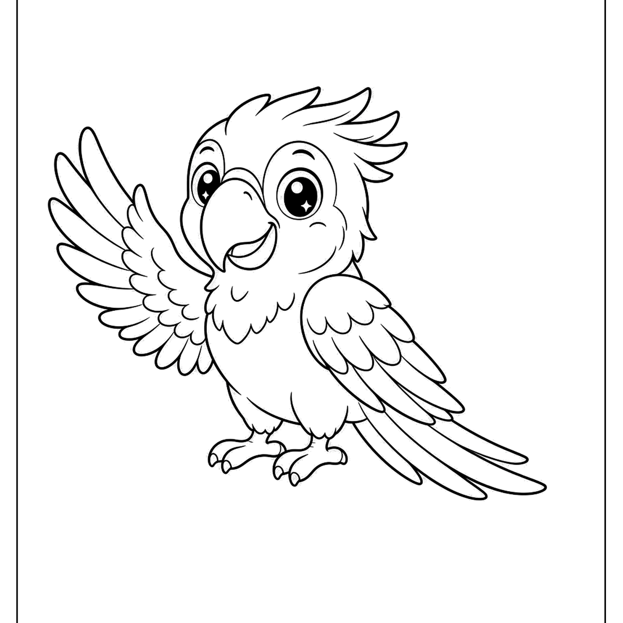 Cartoon macaw character with wings spread wide