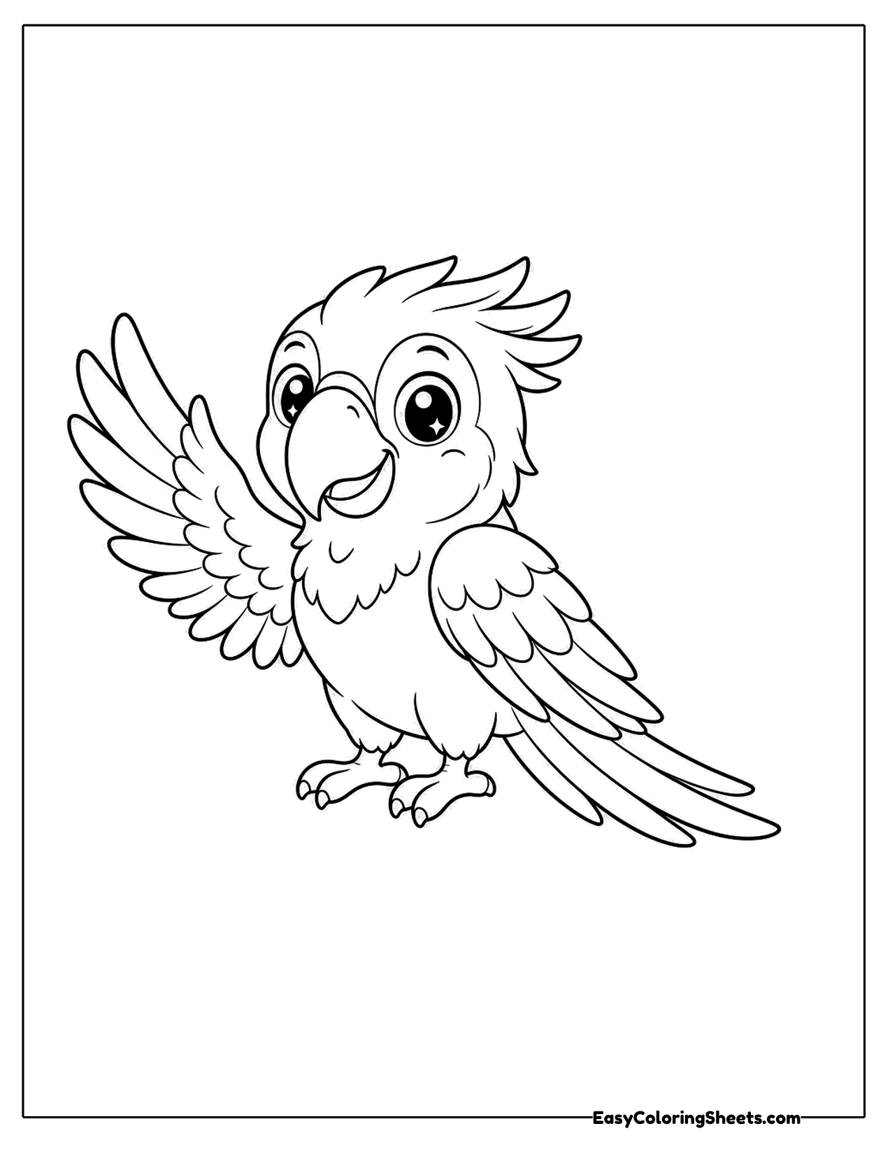 Cartoon macaw character with wings spread wide
