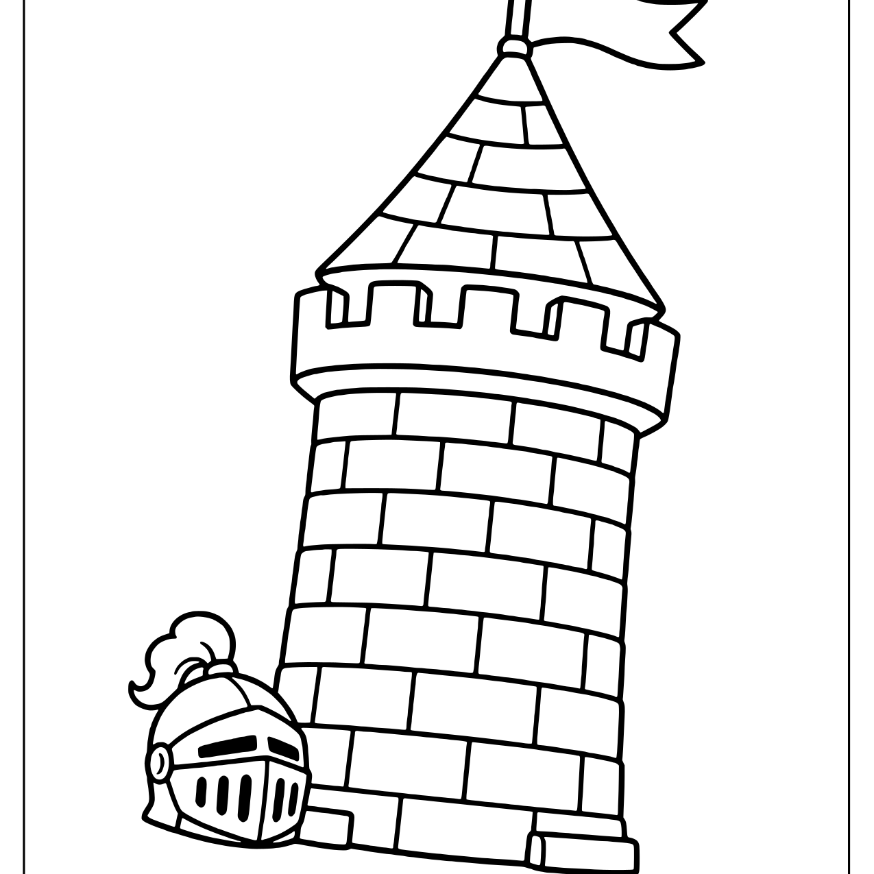 Tall stone castle tower with a flag and a knight helmet at its base